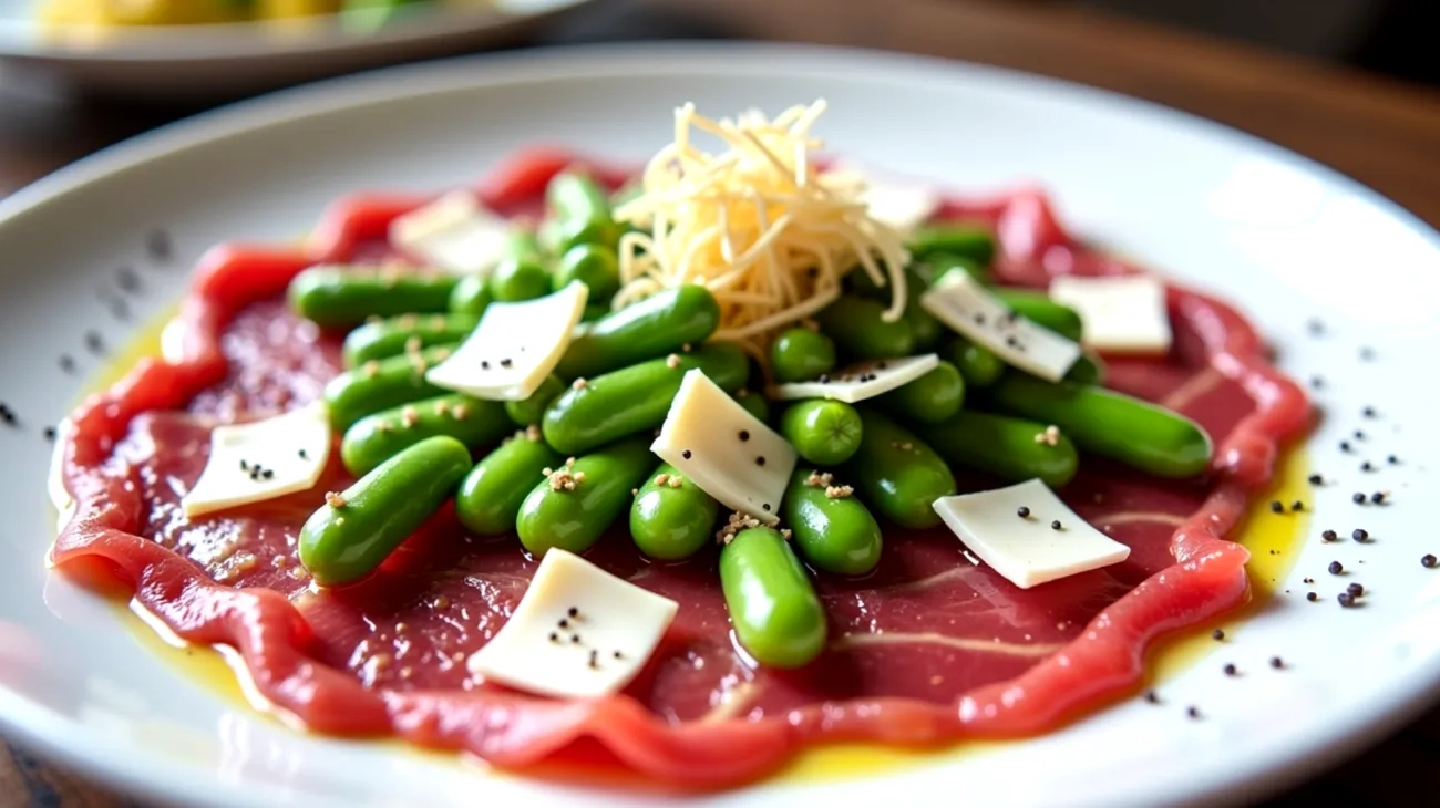 Carpaccio di manzo fave fresche scaglie di pecorino"