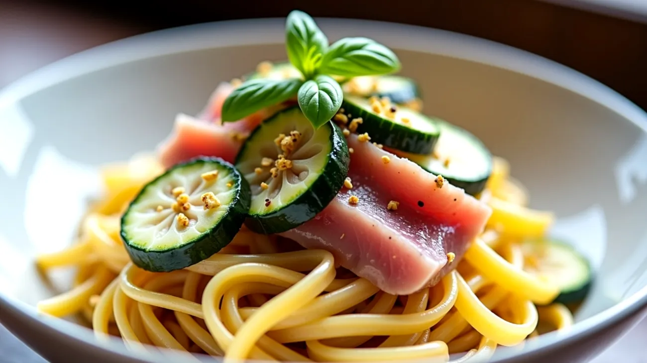 Tagliatelle tonno affumicato zucchine croccanti"
