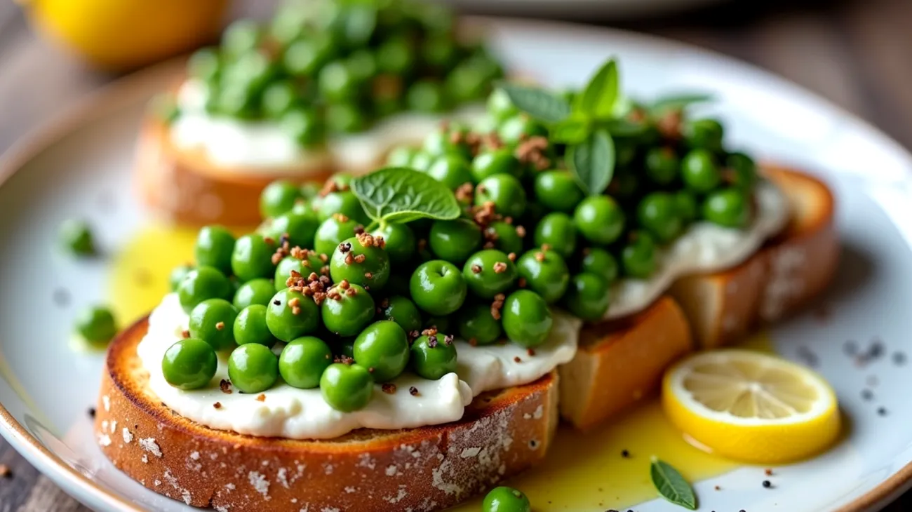 crostini di pane alici piselli freschi"