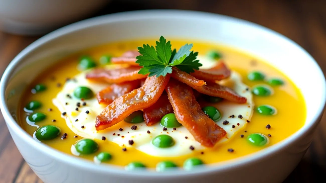 zuppa stracciatella speck croccante piselli freschi"